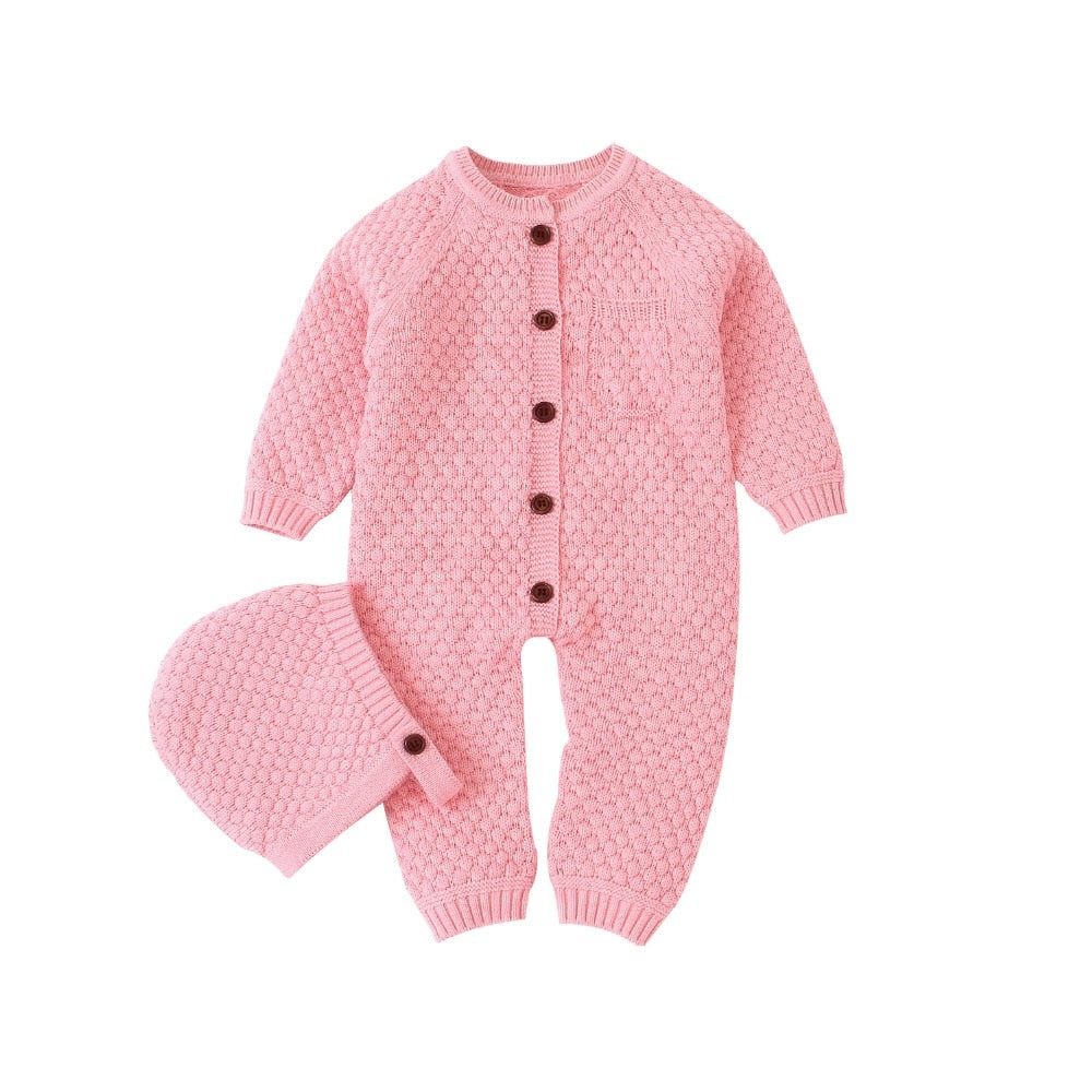 CuddlyKnits™ Cozy Baby Jumpsuit & Hat Set