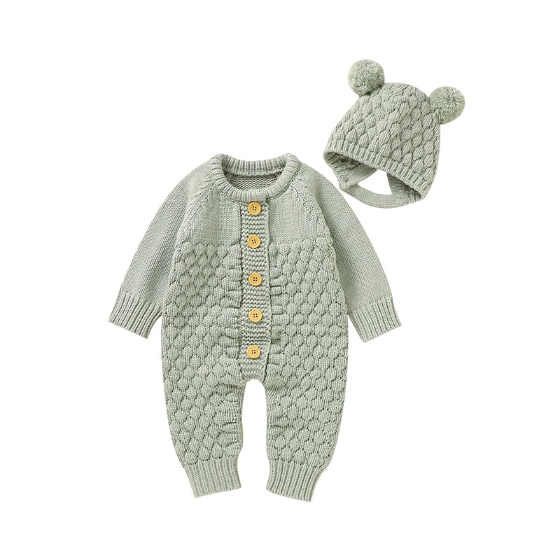CuddlyKnits™ Cozy Baby Jumpsuit & Hat Set