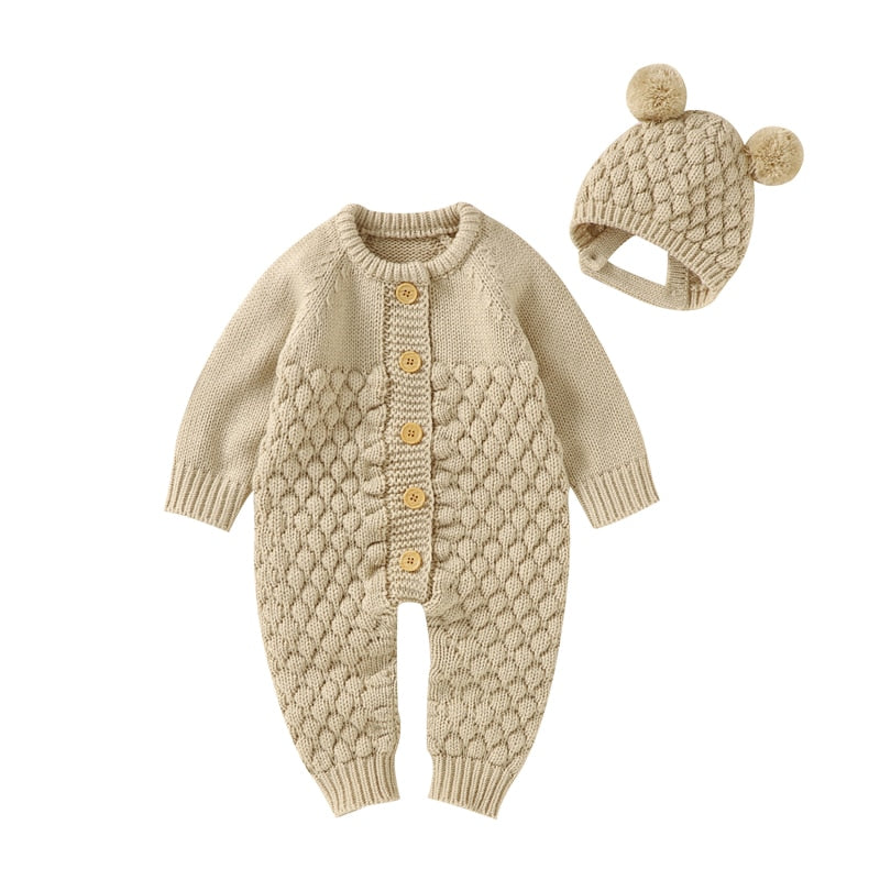 CuddlyKnits™ Cozy Baby Jumpsuit & Hat Set