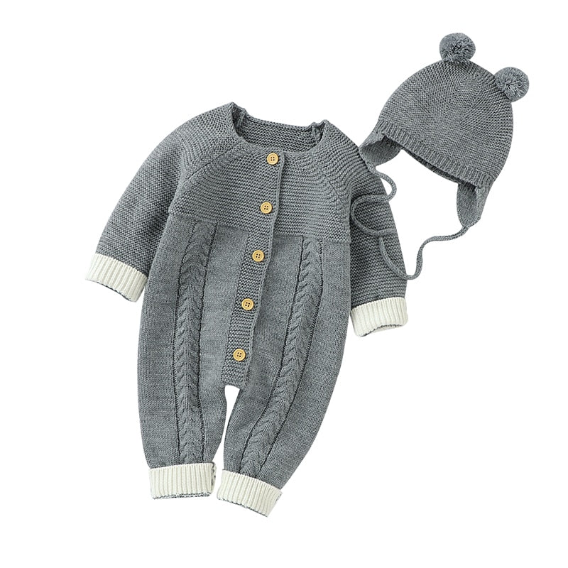 CuddlyKnits™ Cozy Baby Jumpsuit & Hat Set