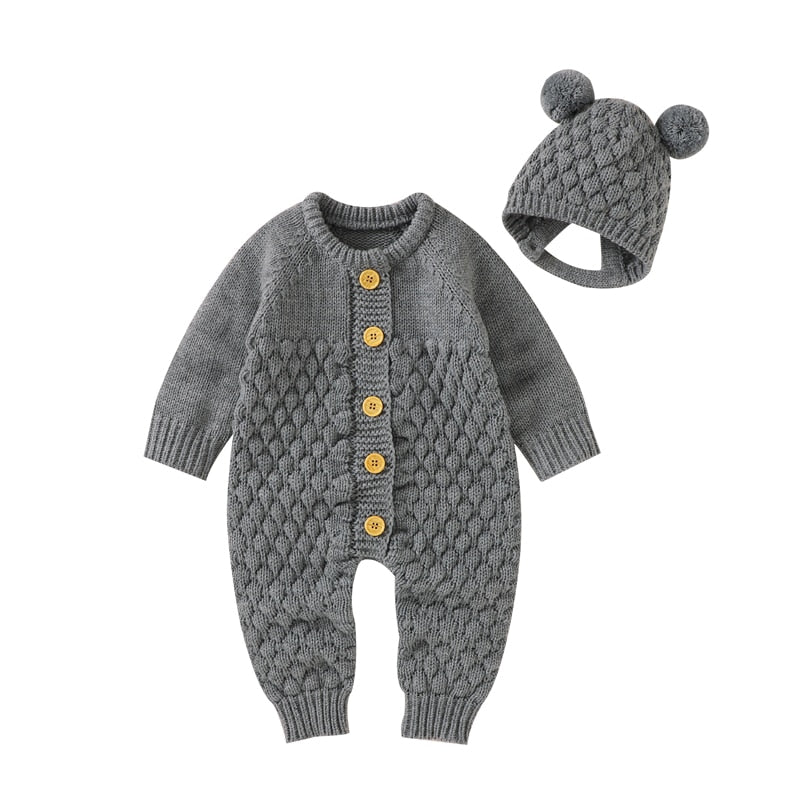 CuddlyKnits™ Cozy Baby Jumpsuit & Hat Set