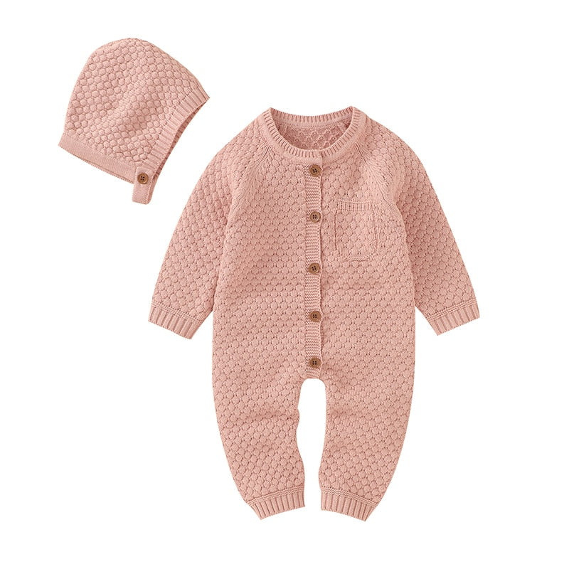 CuddlyKnits™ Cozy Baby Jumpsuit & Hat Set