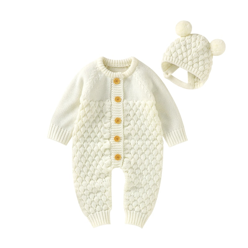 CuddlyKnits™ Cozy Baby Jumpsuit & Hat Set