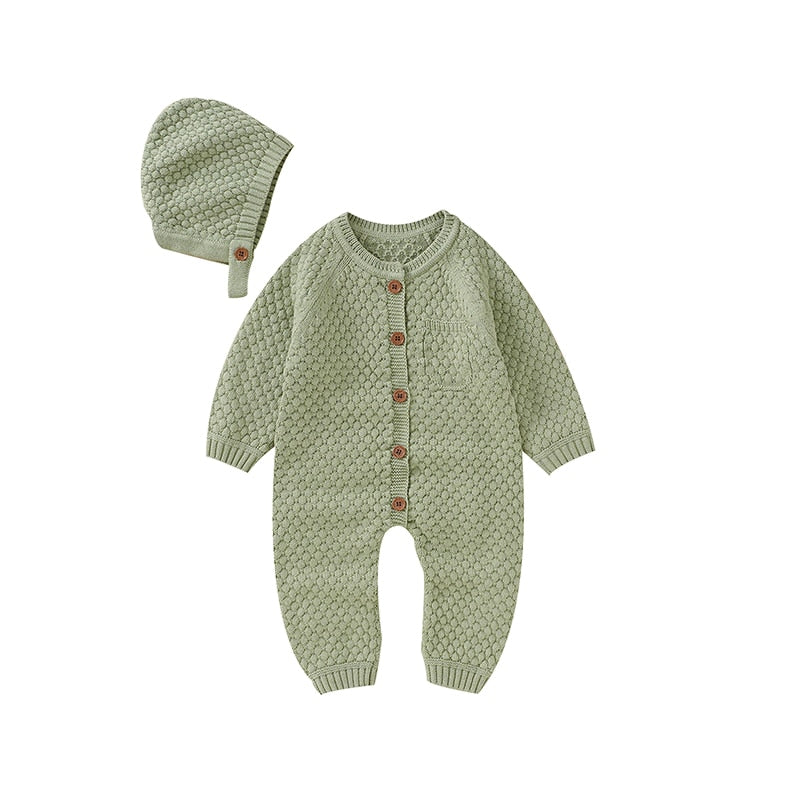CuddlyKnits™ Cozy Baby Jumpsuit & Hat Set