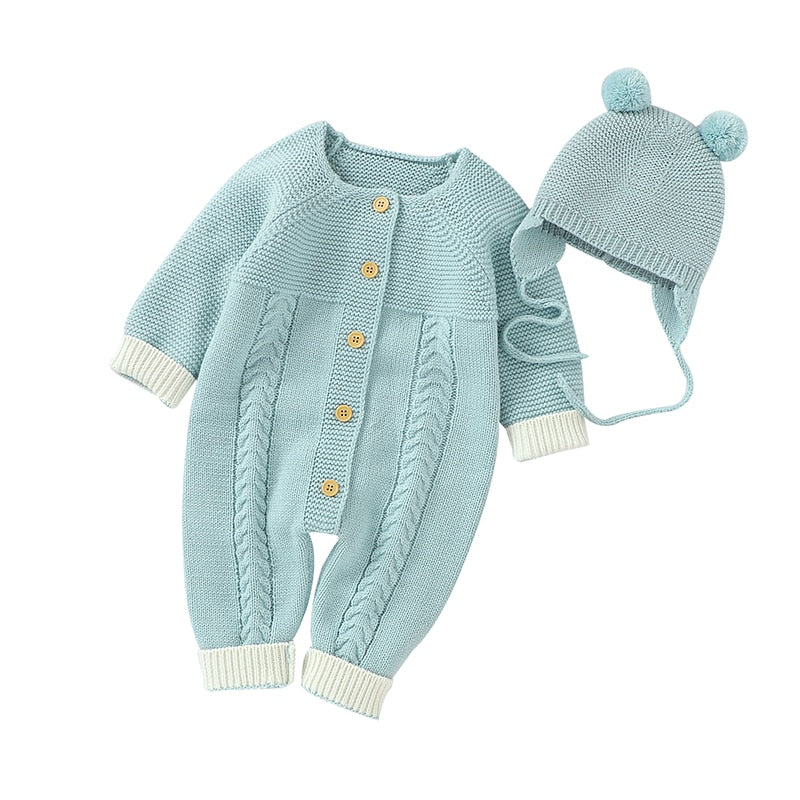 CuddlyKnits™ Cozy Baby Jumpsuit & Hat Set