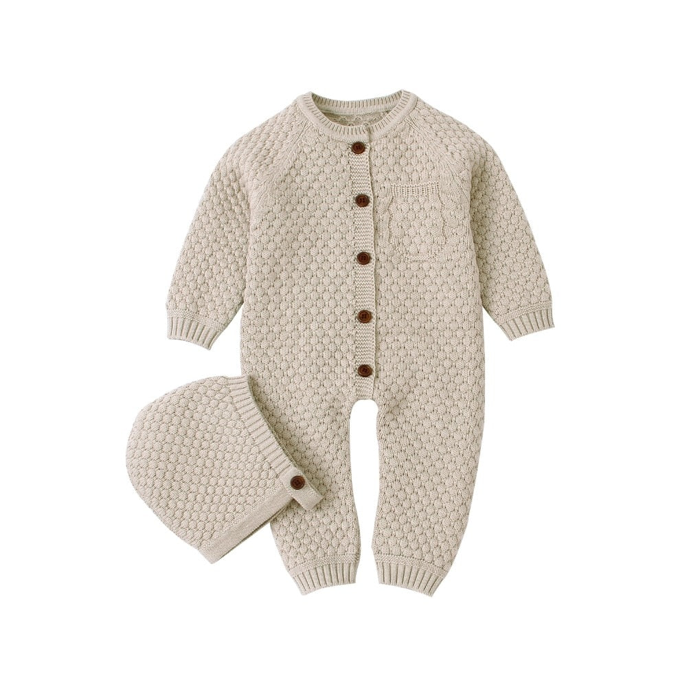 CuddlyKnits™ Cozy Baby Jumpsuit & Hat Set